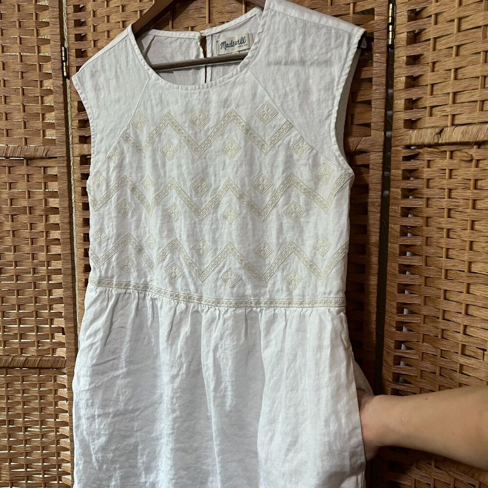 Madewell White Linen Embroidered Lined Sandwave Boho Sleeveless Dress Size Small - Picture 9 of 12